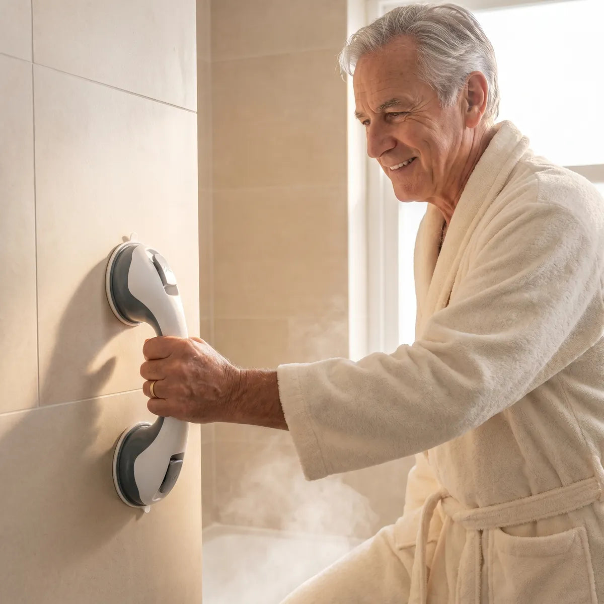 An older man using the no-drill grab bar to steady himself at the toilet