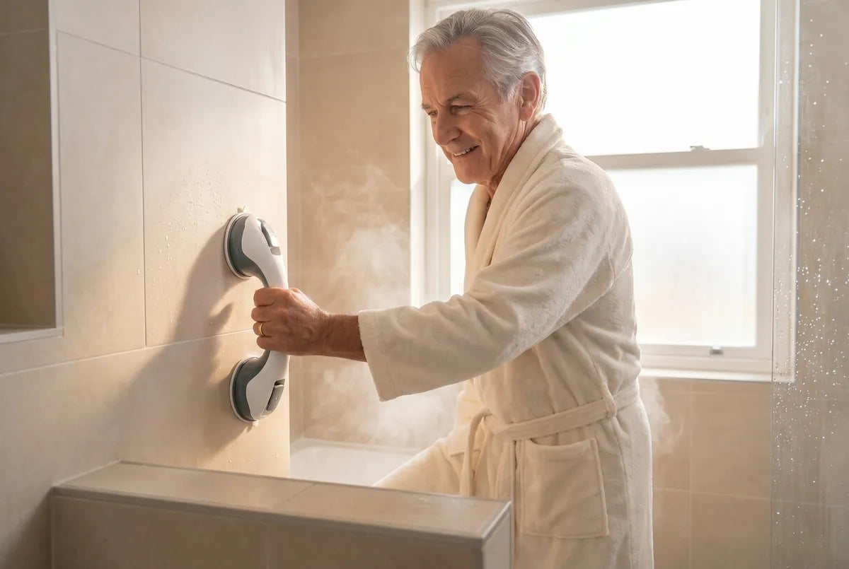 An older person stepping into the shower holding the grab bar