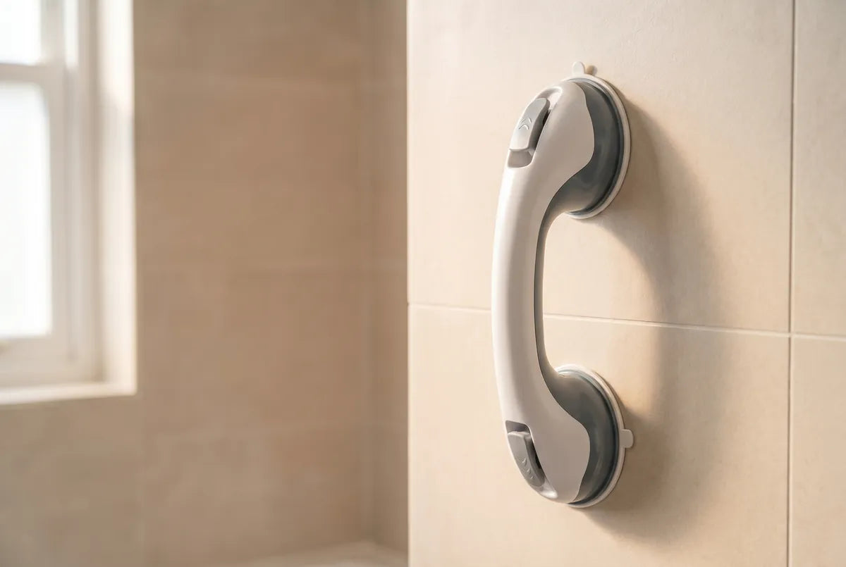 A clean modern no-drill grab bar blending into bathroom tile