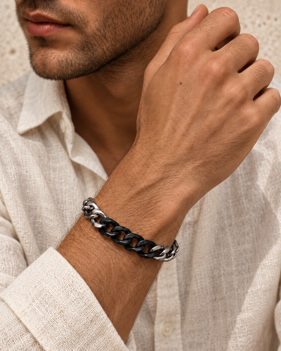 Classic Cuban Chain Bracelet in Black Jade with Stainless Steel, worn on the wrist.