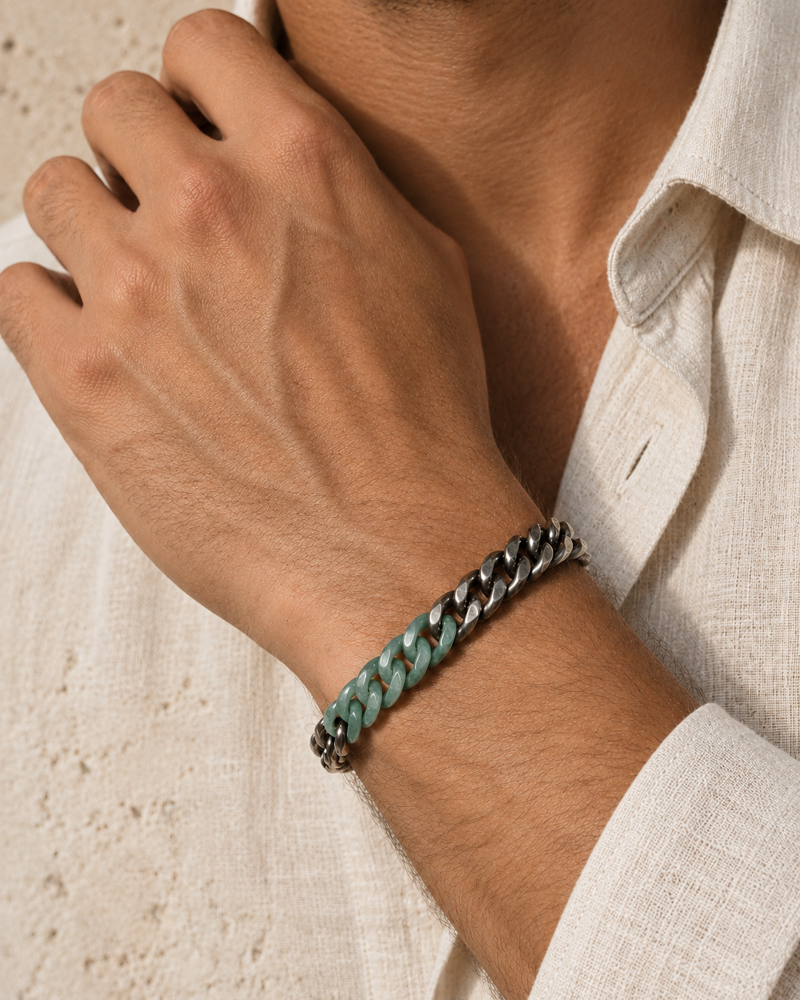 Classic Cuban Chain Bracelet in Green Jade with Oxidized Stainless Steel, worn on the wrist.