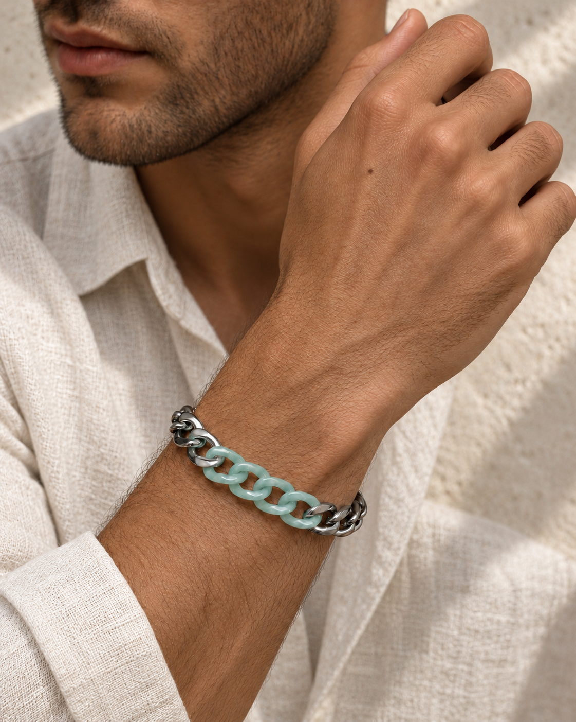 Classic Cuban Chain Bracelet in Green Jade with Stainless Steel, worn on the wrist.