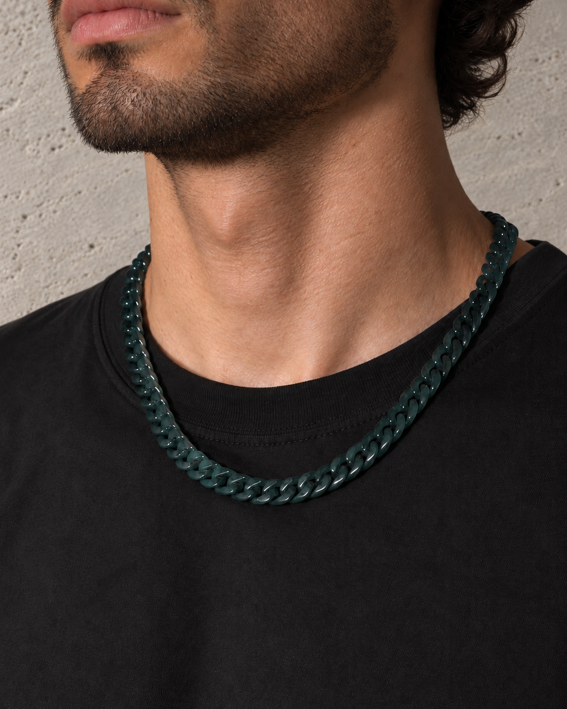 Classic Cuban Link Chain Necklace in Black Jade, worn on the neck.