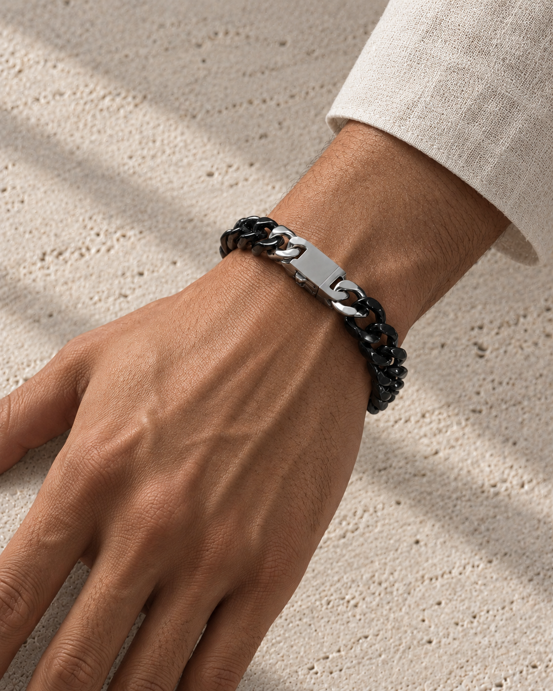 Single Piece Carved Cuban Chain Bracelet in Black Jade, worn on the wrist.