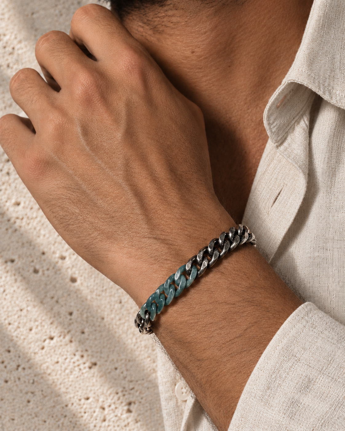 Classic Cuban Chain Bracelet in Black Jade with Oxidized Stainless Steel, worn on the wrist.