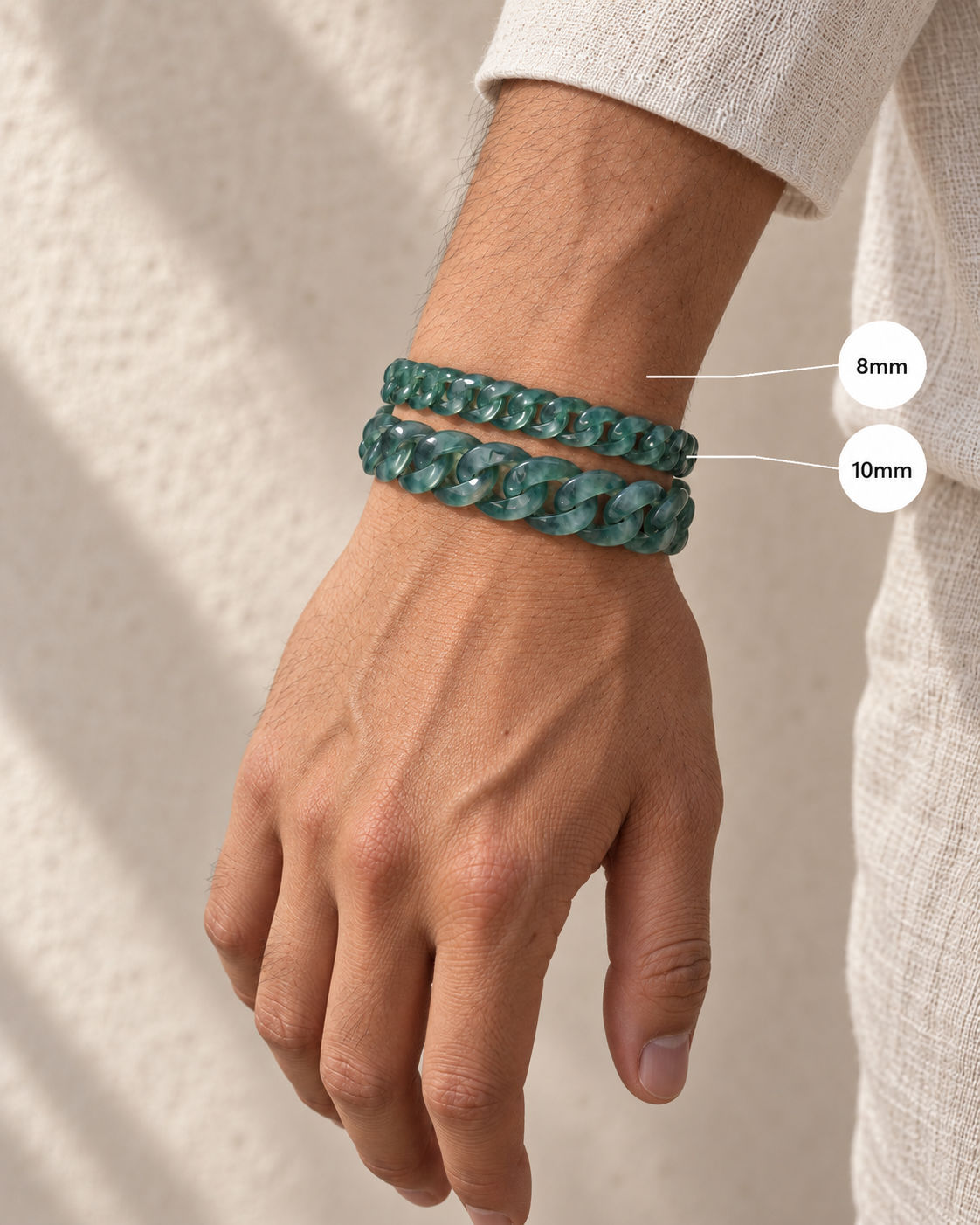 Slim Style Cuban Link Chain Bracelet in Mayan Blue Jade, wrist comparison of 8mm, 10mm widths.