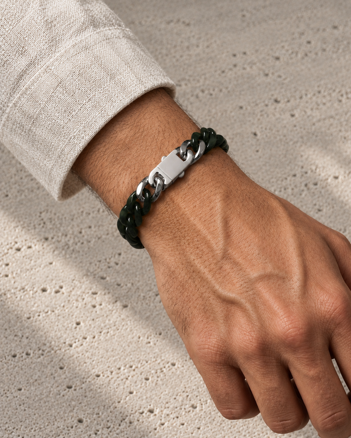 Classic Cuban Link Chain Bracelet in Dark Green Nephrite, worn on the wrist.