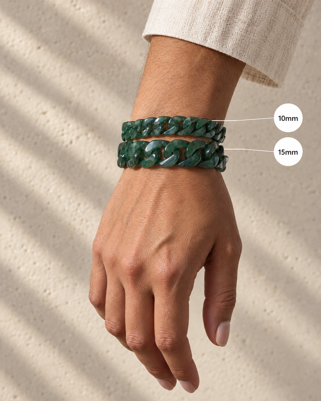 Classic Cuban Link Chain Bracelet in Jelly Green Mayan Jade, wrist comparison of 10mm, 15mm widths.