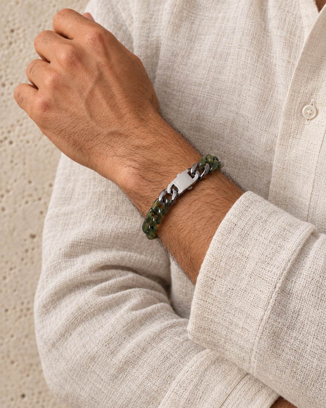 Classic Cuban Link Chain Bracelet in Light Green Nephrite, worn on the wrist.