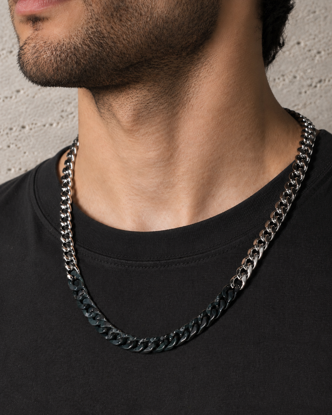 Classic Cuban Chain Necklace in Mayan Jade with Stainless Steel, worn on the neck.