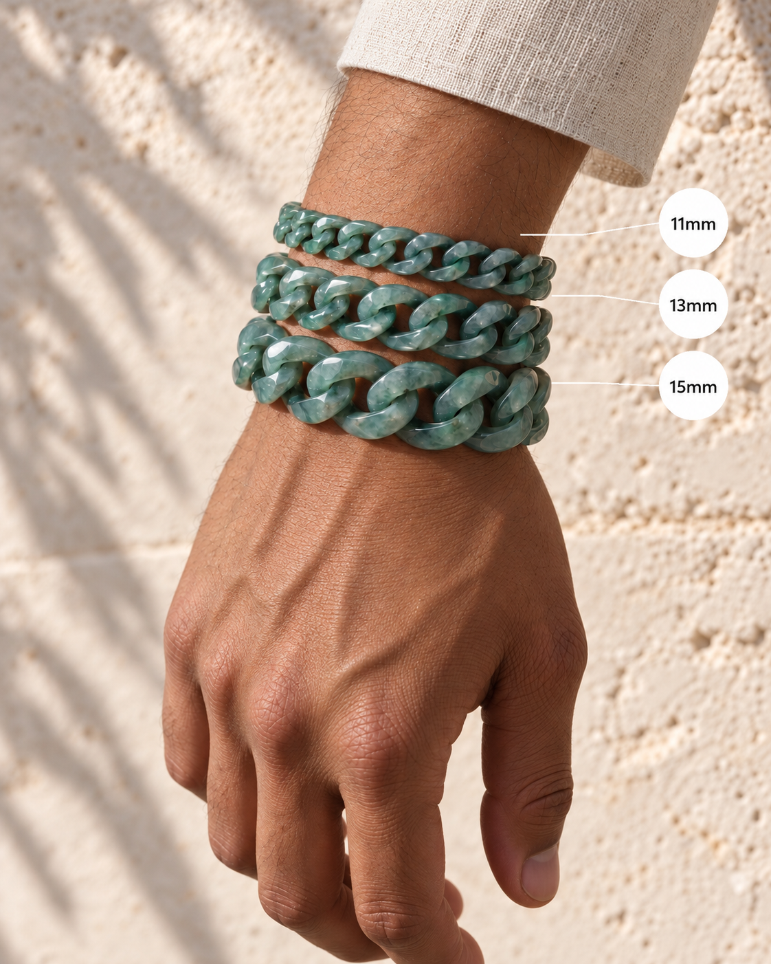 Single Piece Carved Cuban Chain Bracelet in Green Jade, wrist comparison of 11mm, 13mm, 15mm widths.