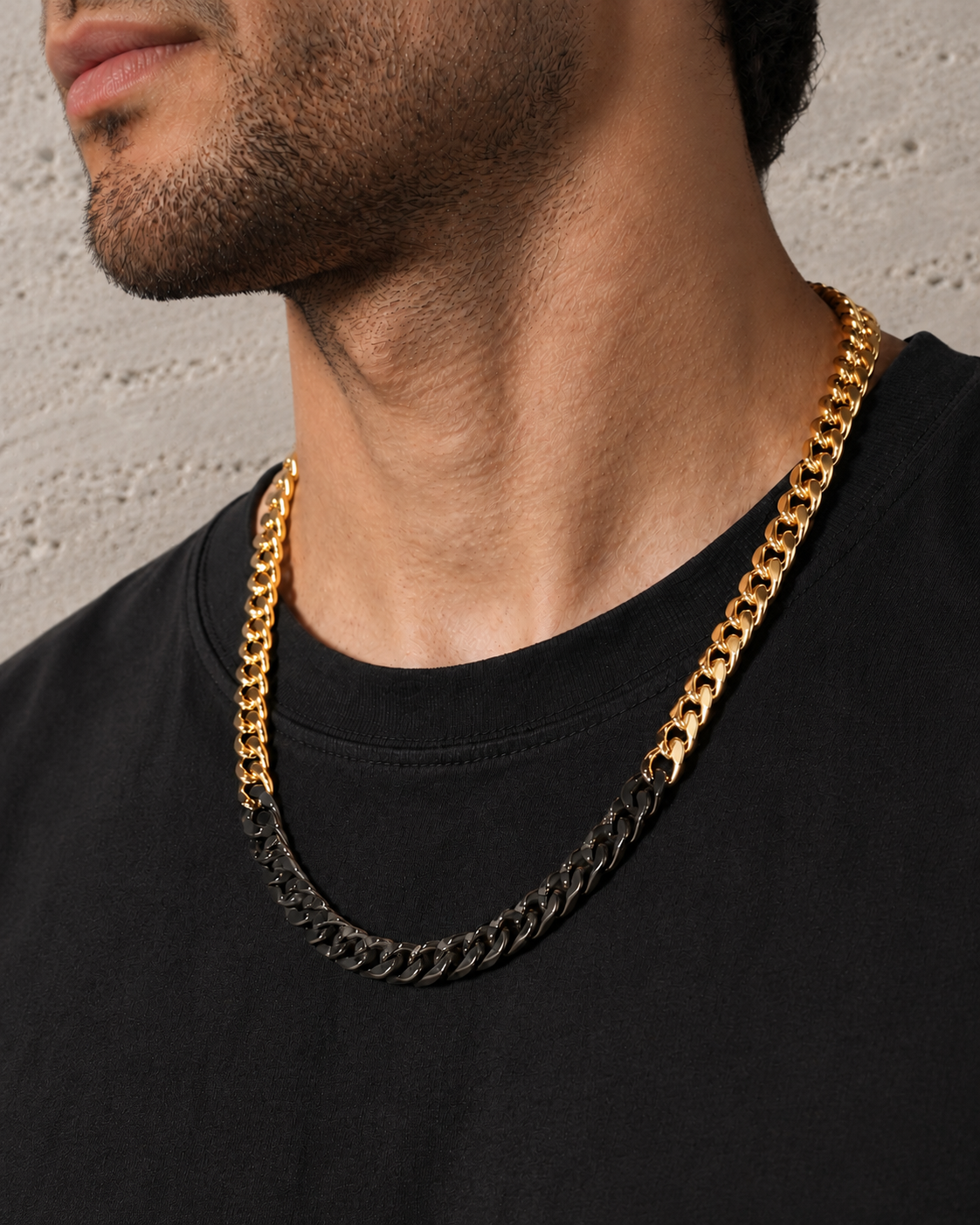 Classic Cuban Chain Necklace in Mayan Jade with Stainless Steel, worn on the neck.