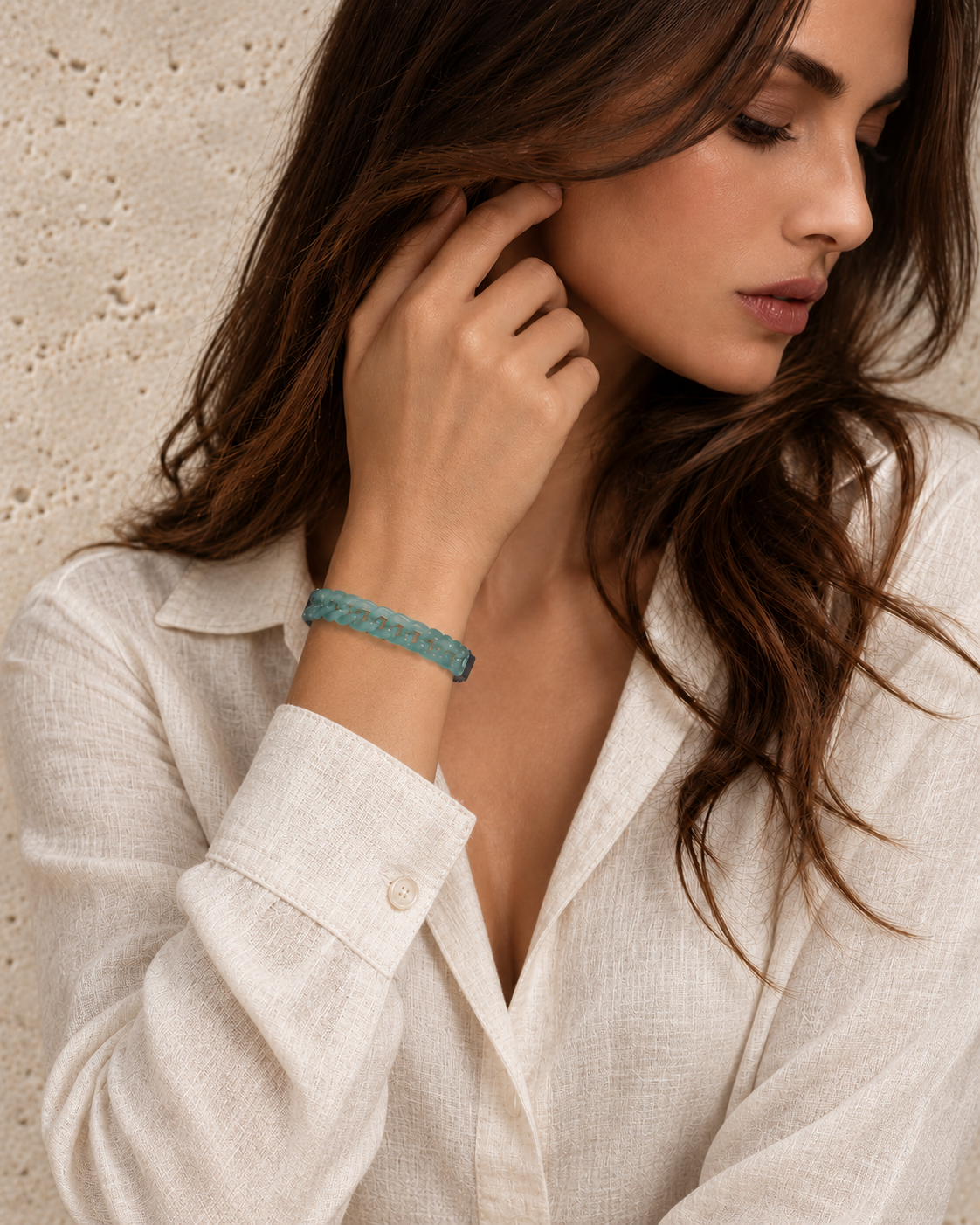 Classic Cuban Link Chain Bracelet in Blue-Green Jadeite, worn on the wrist.