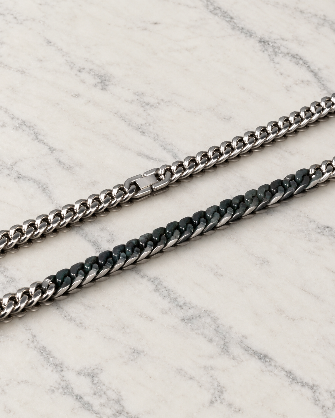 Classic Cuban Chain Necklace in Mayan Jade with Stainless Steel, material and construction close-up on ivory marble.