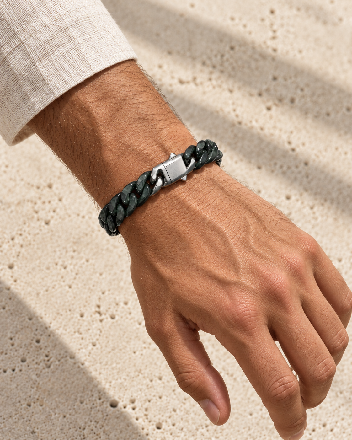 Classic Cuban Link Chain Bracelet in Black Jade, worn on the wrist.