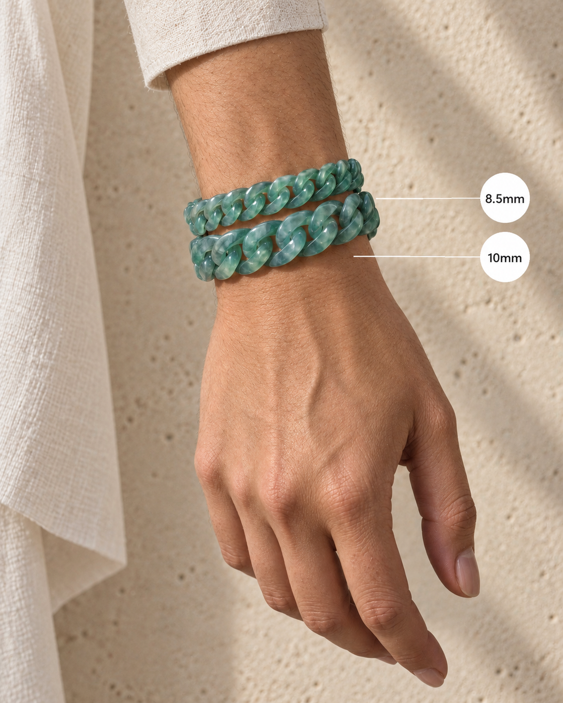 Classic Cuban Link Chain Bracelet in Blue-Green Jadeite, wrist comparison of 8.5mm, 10mm widths.