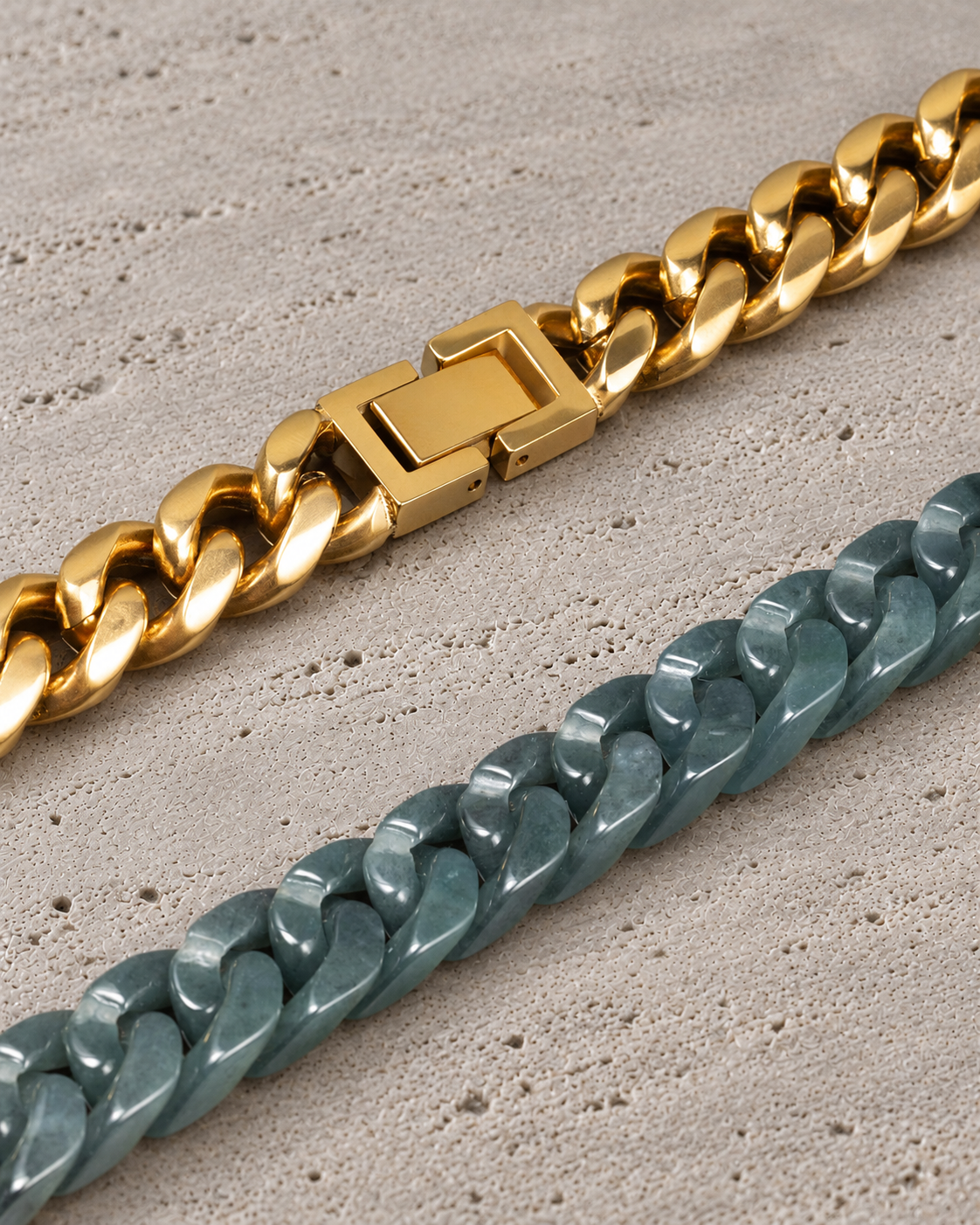 Classic Cuban Chain Necklace in Mayan Jade with Stainless Steel, clasp close-up on matte grey stone.