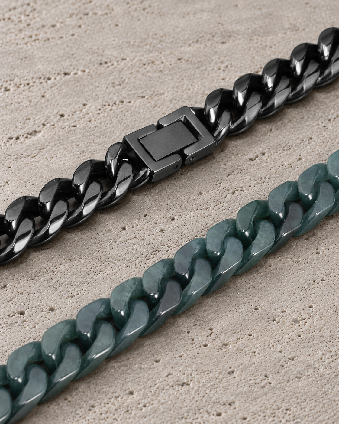 Classic Cuban Chain Necklace in Mayan Jade with Stainless Steel, clasp close-up on matte grey stone.