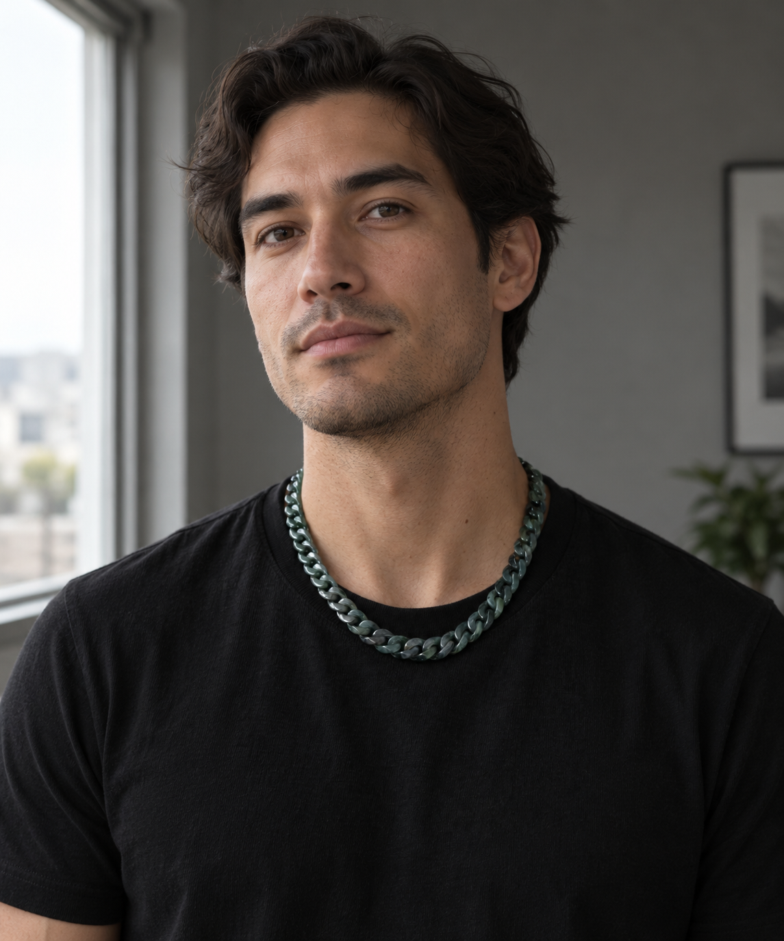 Black jade Cuban necklace worn with a black tee
