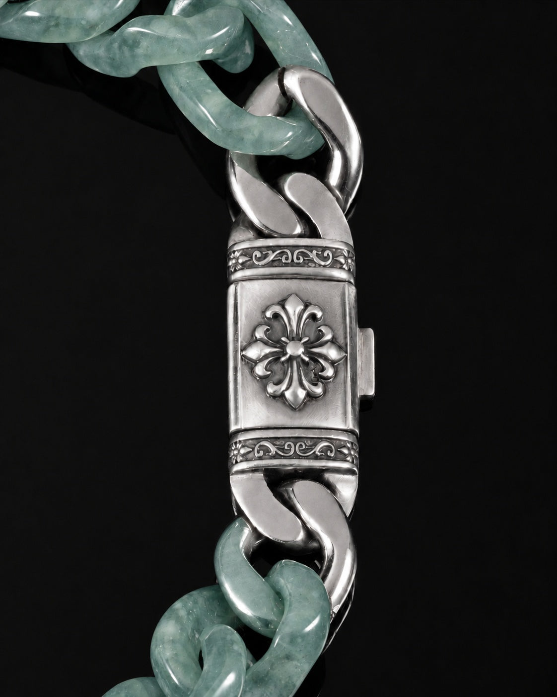Classic Cuban Link Chain Bracelet In Top Icy Light Green Guatemalan Jade, product view 9