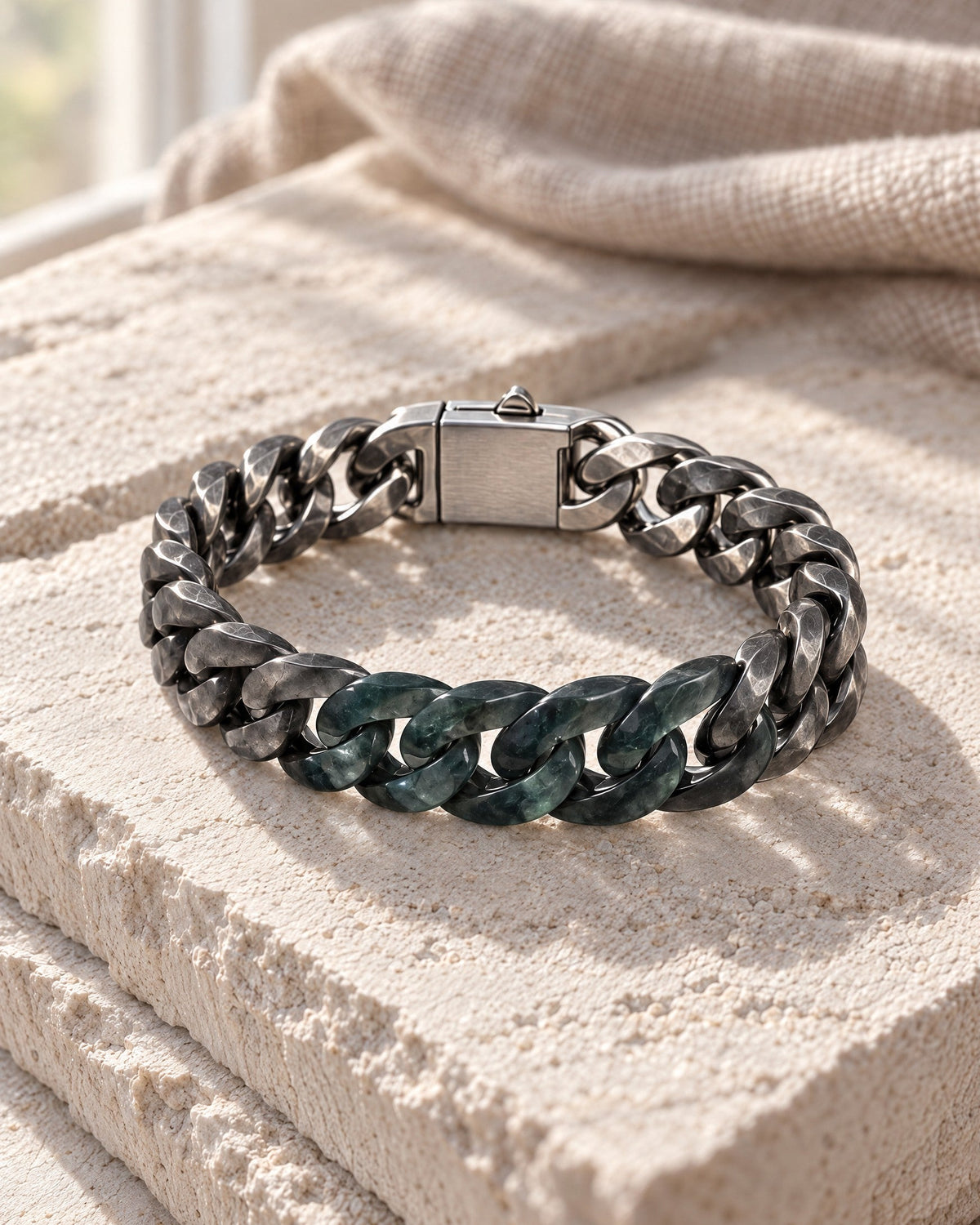 Classic Cuban Chain Bracelet In Black Jade With Oxidized Stainless Steel on pale stone