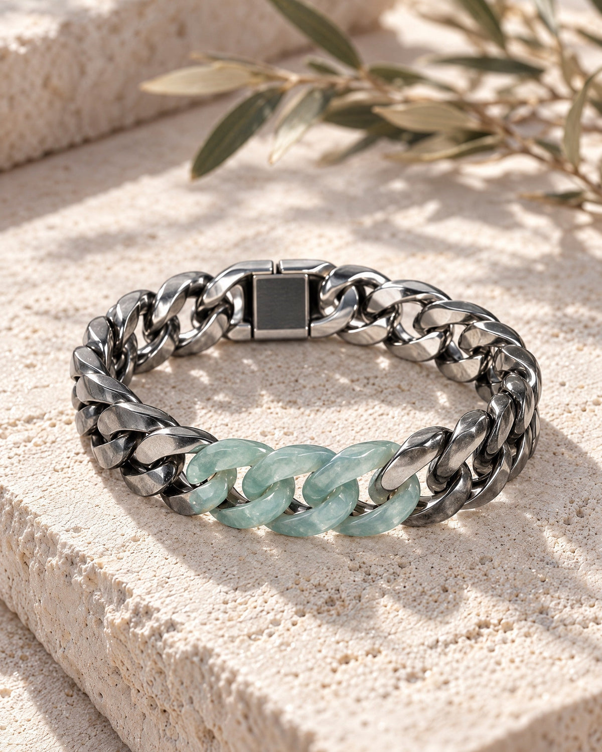 Classic Cuban Chain Bracelet In Green Jade With Stainless Steel on pale stone