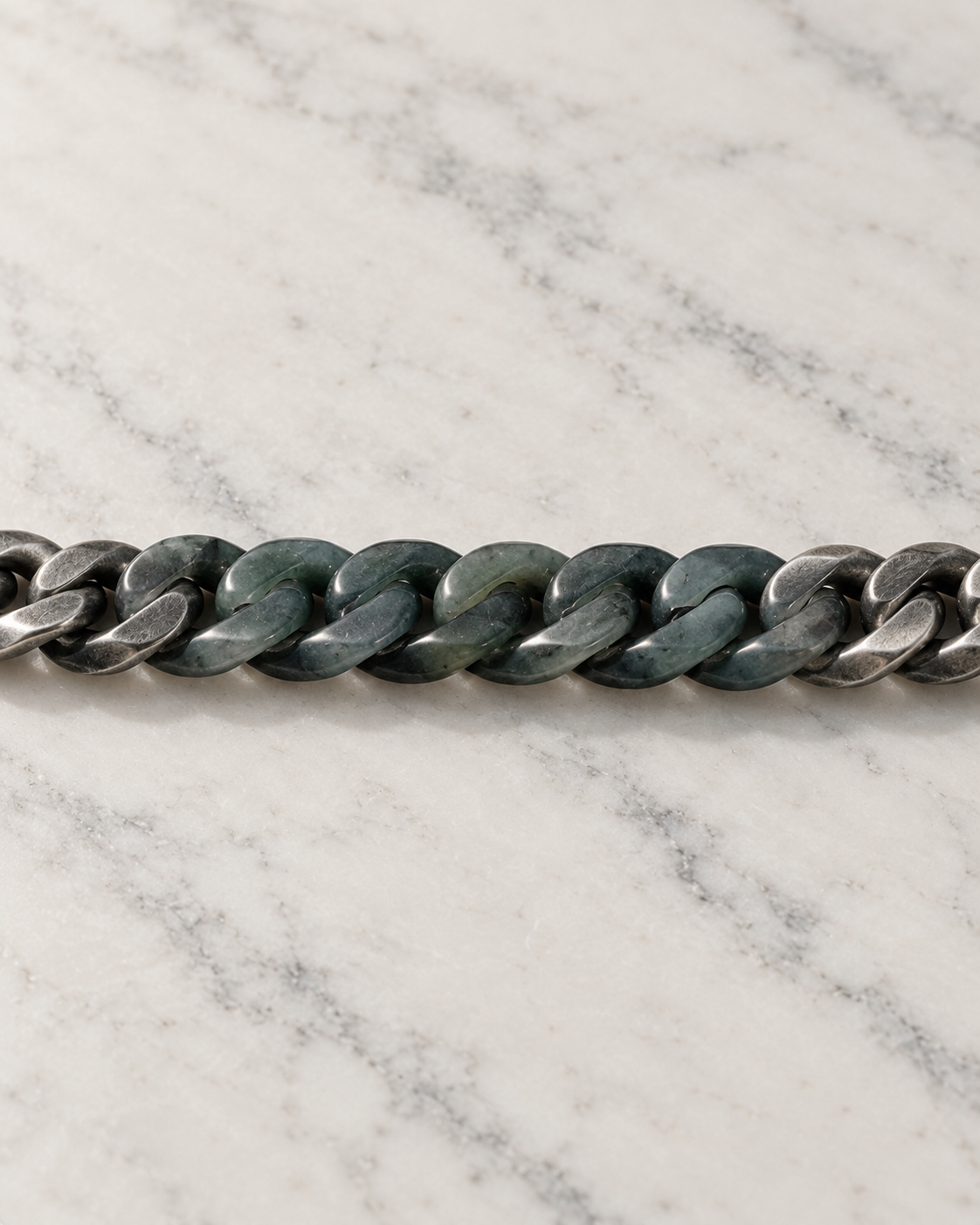Classic Cuban Chain Bracelet In Black Jade With Oxidized Stainless Steel on white stone: marble tabletop detail — 8mm