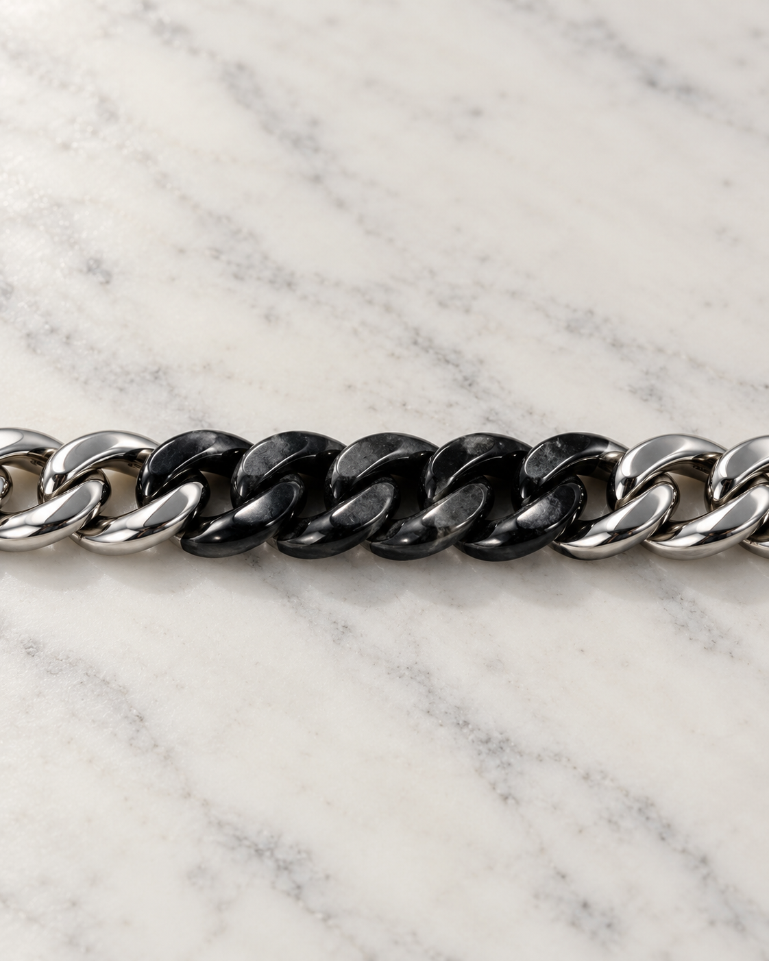 Classic Cuban Chain Bracelet In Black Jade With Stainless Steel on white stone: marble tabletop detail