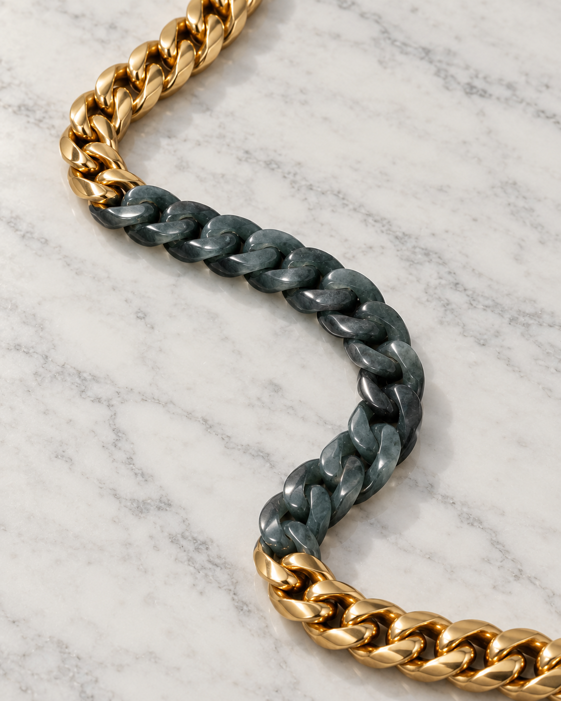 Classic Cuban Chain Necklace In Mayan Jade With Stainless Steel on white stone: marble tabletop detail — Gold Plated Cuban Chain In Black Jade