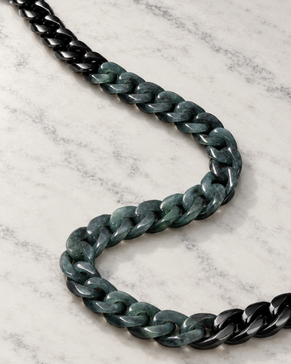 Classic Cuban Chain Necklace In Mayan Jade With Stainless Steel on white stone: marble tabletop detail — Black Plated Cuban Chain In Black Jade
