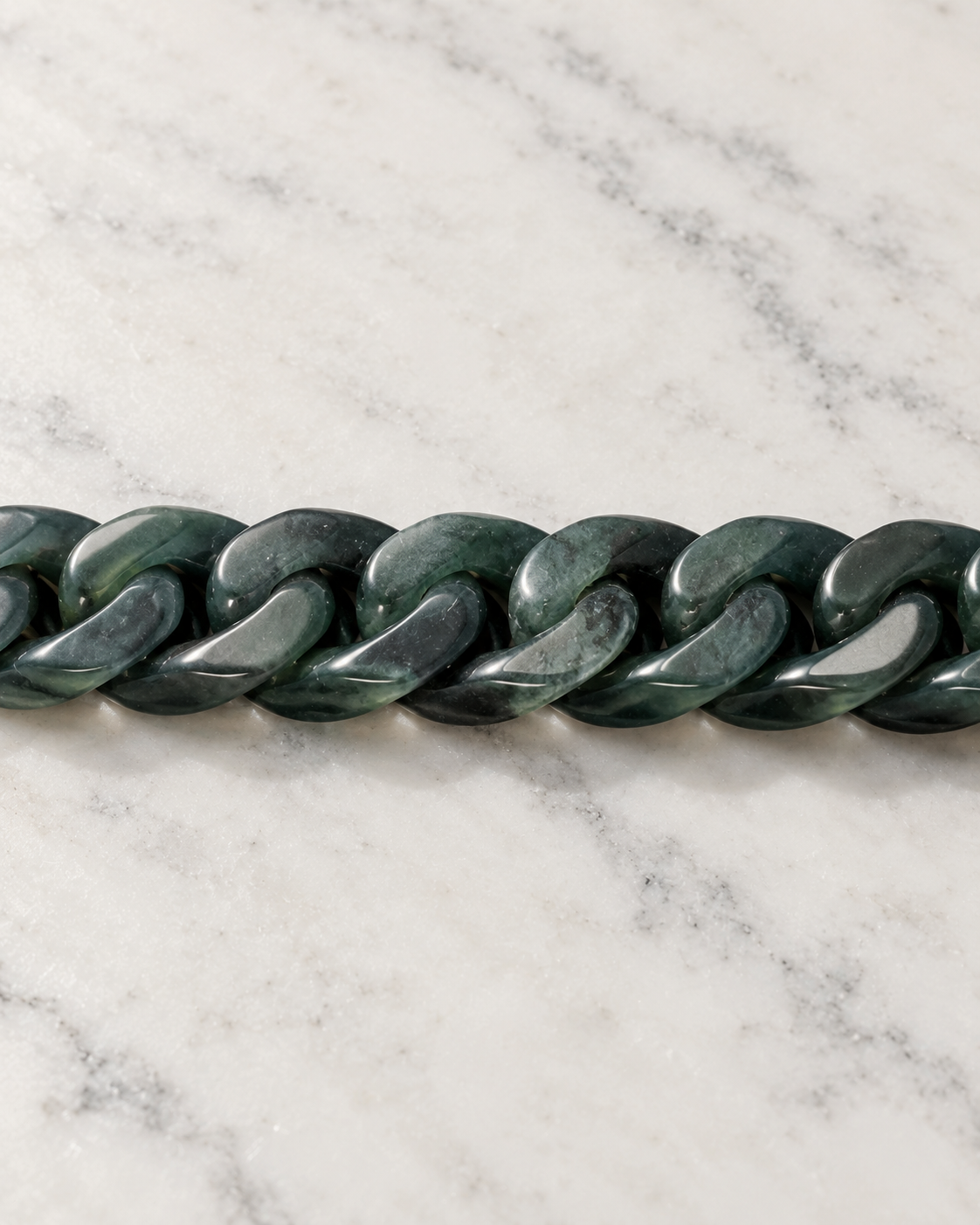 Classic Cuban Link Chain Bracelet In Black Jade on white stone: marble tabletop detail — 10mm