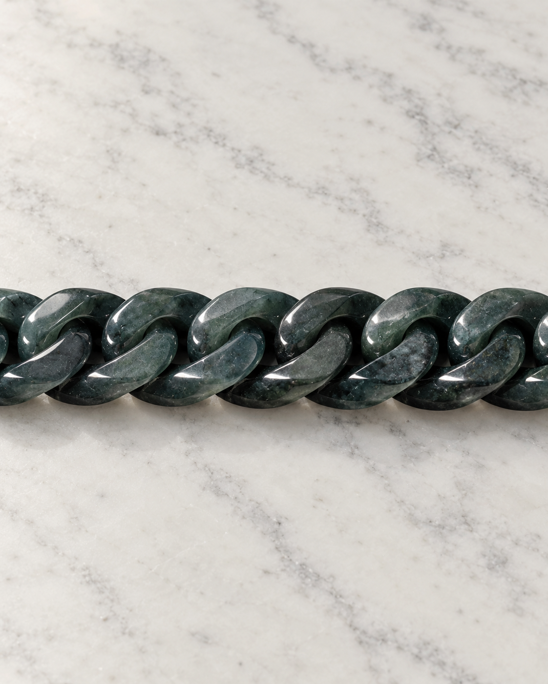 Classic Cuban Link Chain Bracelet In Black Jade on white stone: marble tabletop detail — 12mm
