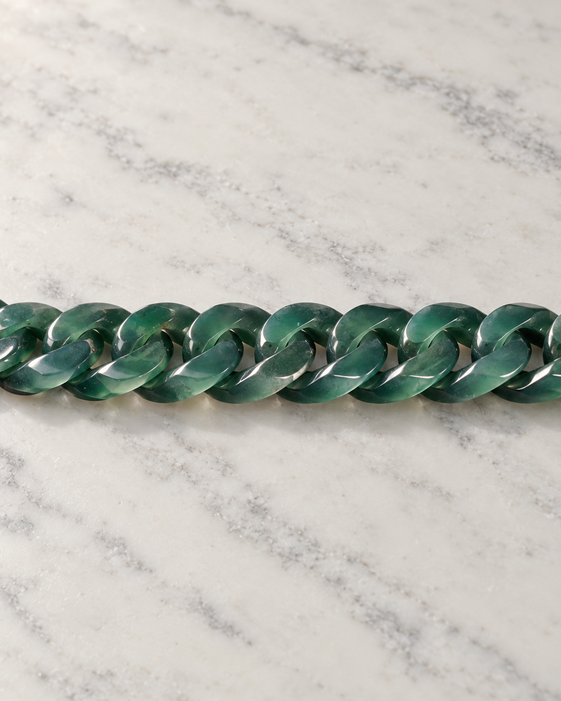 Classic Cuban Link Chain Bracelet In Jelly Green Mayan Jade on white stone: marble tabletop detail — 10mm