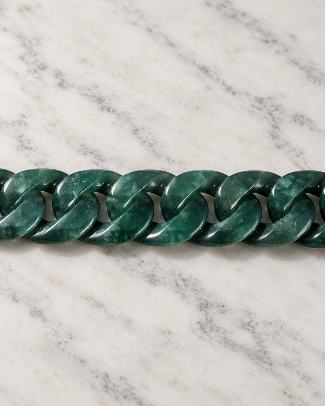 Classic Cuban Link Chain Bracelet In Jelly Green Mayan Jade on white stone: marble tabletop detail — 15mm