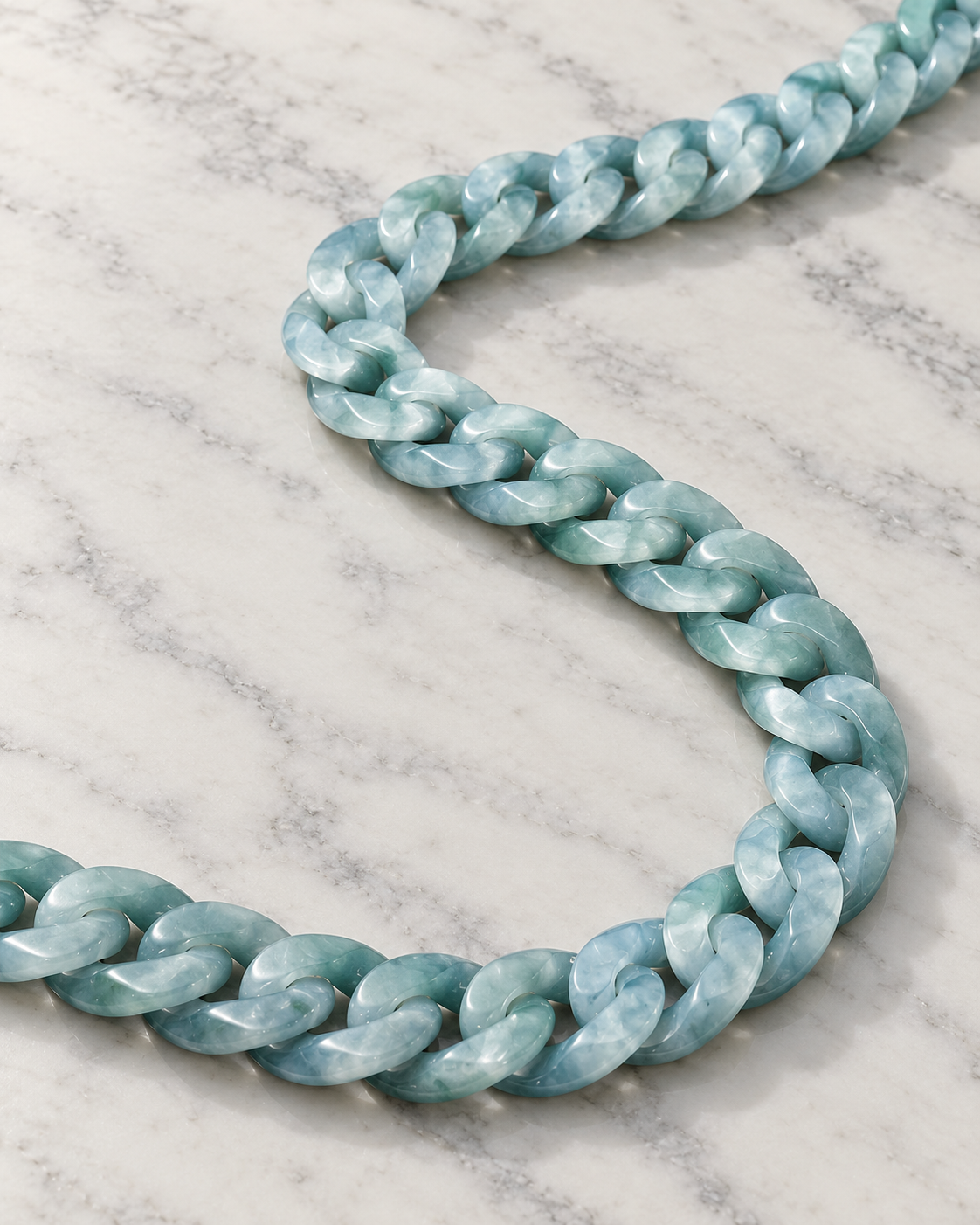 Classic Cuban Link Chain Necklace In Blue Jadeite on white stone: marble tabletop detail