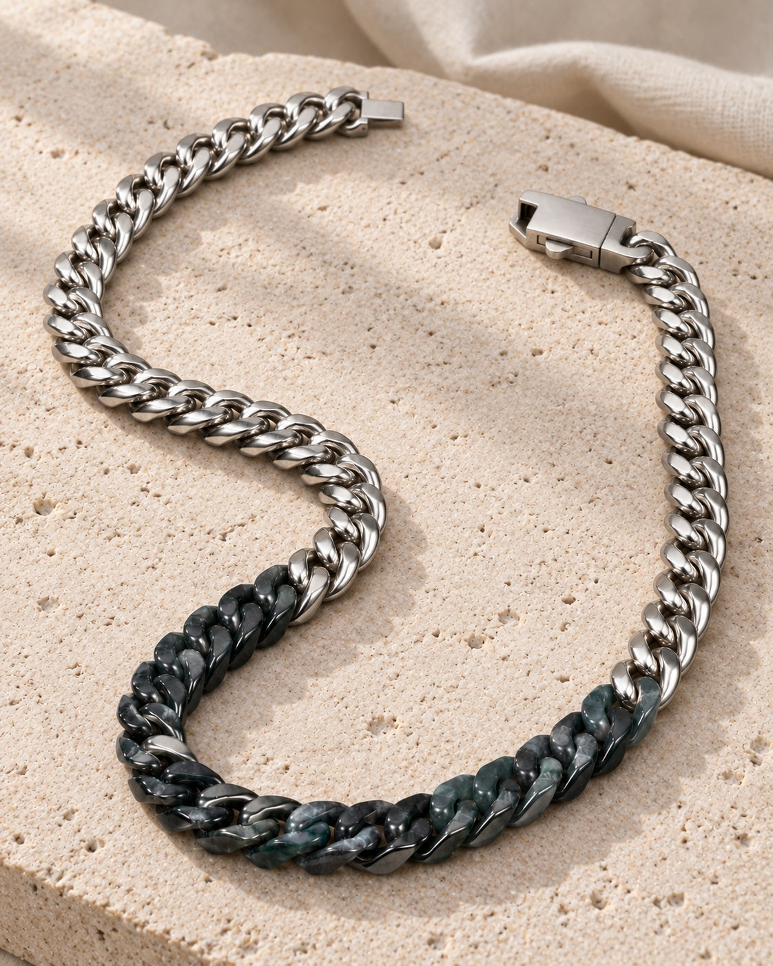 Classic Cuban Chain Necklace In Mayan Jade With Stainless Steel on white stone: Linen and limestone slab