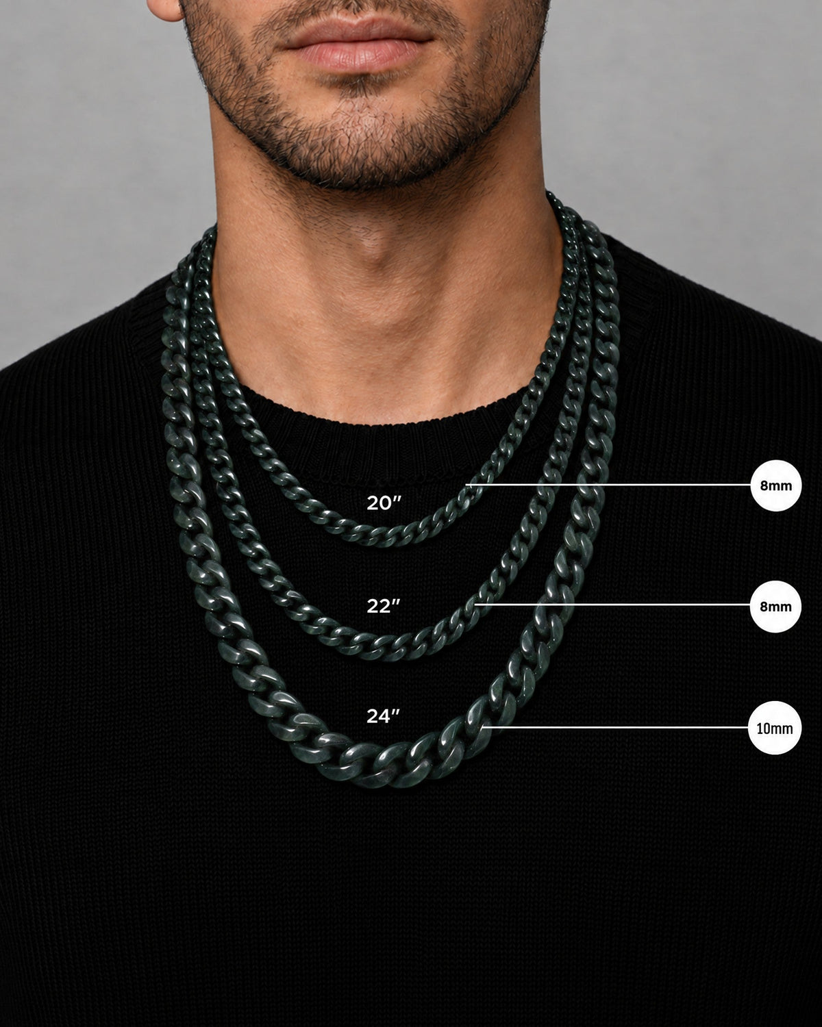 Chain lengths 20, 22 and 24 inches with 8 mm and 10 mm links