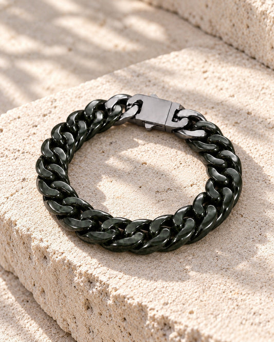Classic Cuban Link Chain Bracelet In Dark Green Nephrite on white stone: White stone edge