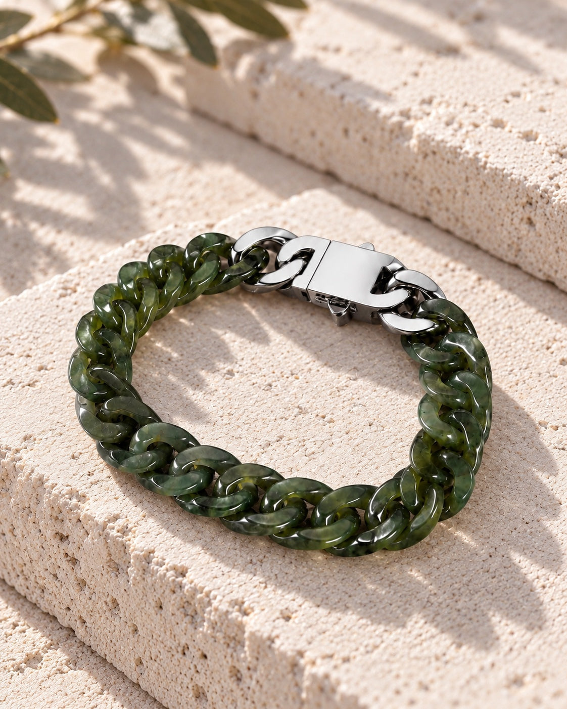 Classic Cuban Link Chain Bracelet In Light Green Nephrite on white stone: Offset white stone blocks