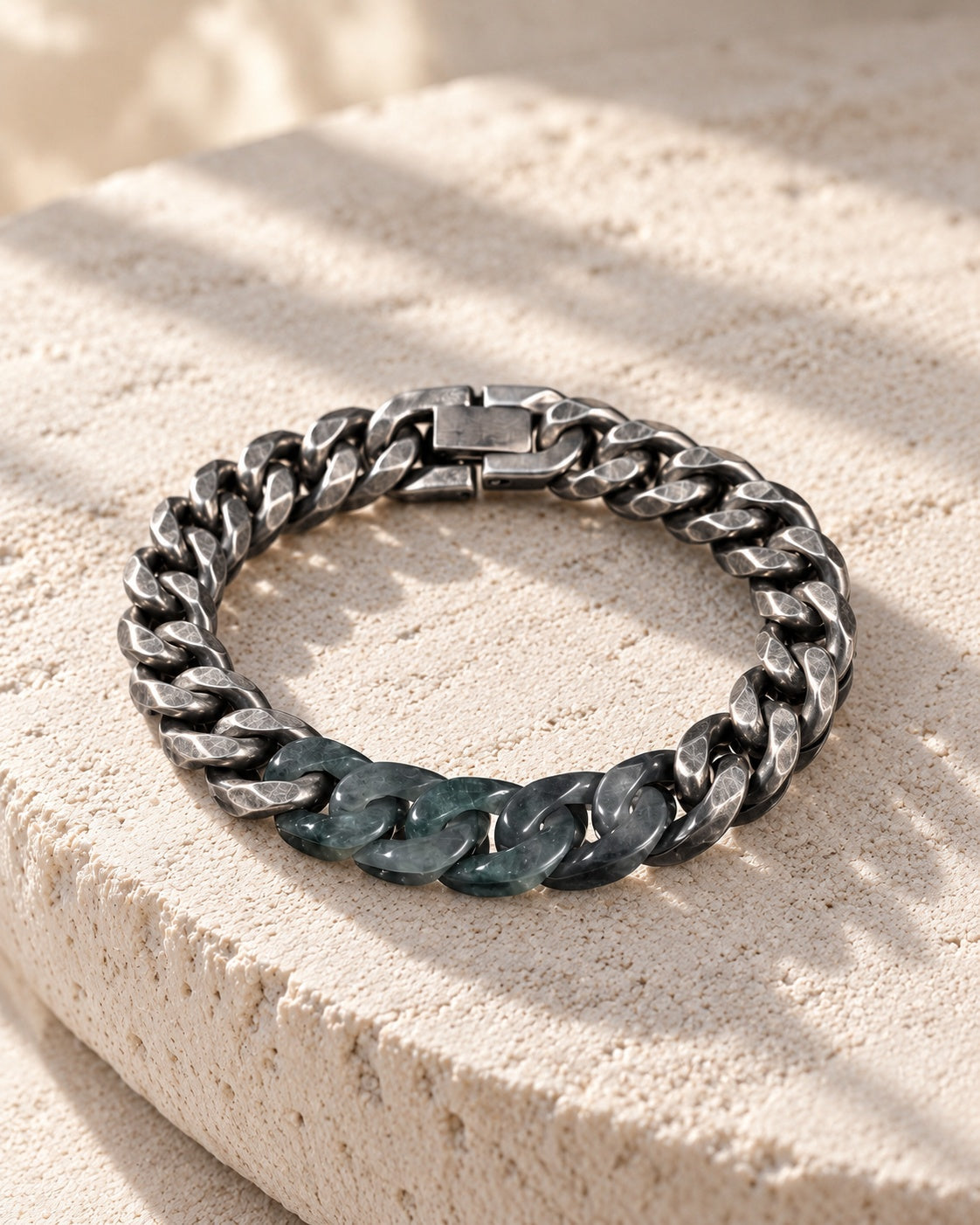Classic Cuban Chain Bracelet In Black Jade With Oxidized Stainless Steel on white stone: White stone edge