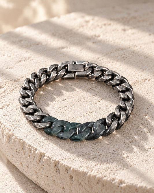 Classic Cuban Chain Bracelet In Black Jade With Oxidized Stainless Steel on white stone: White stone edge