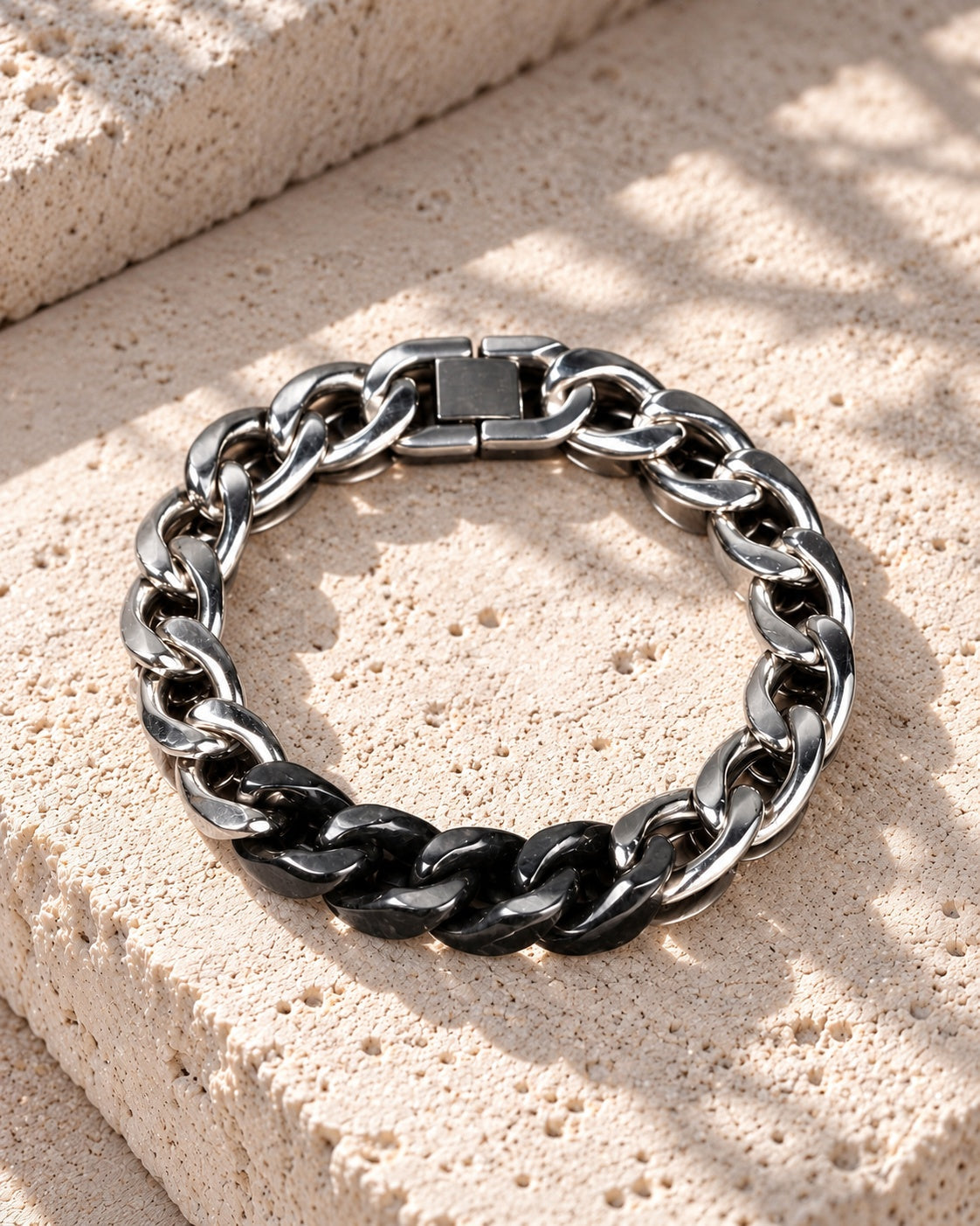 Classic Cuban Chain Bracelet In Black Jade With Stainless Steel on white stone: Quiet stone flat lay