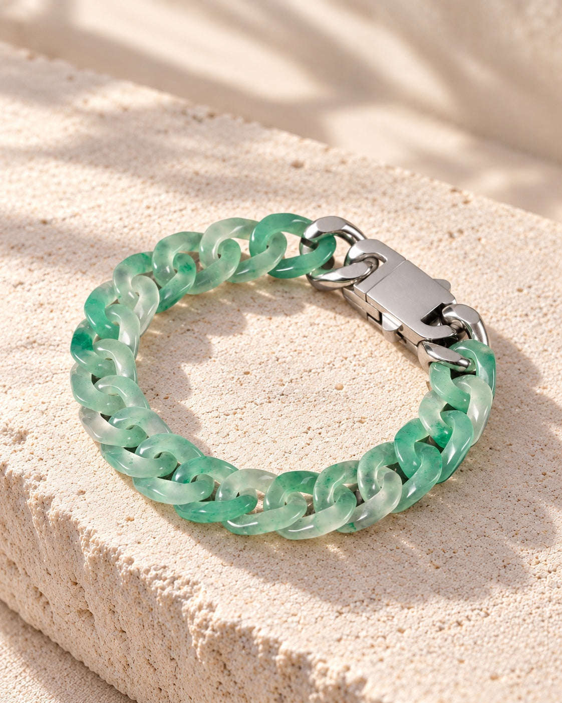 Classic Cuban Link Chain Bracelet In African Green Jade on white stone: White stone edge