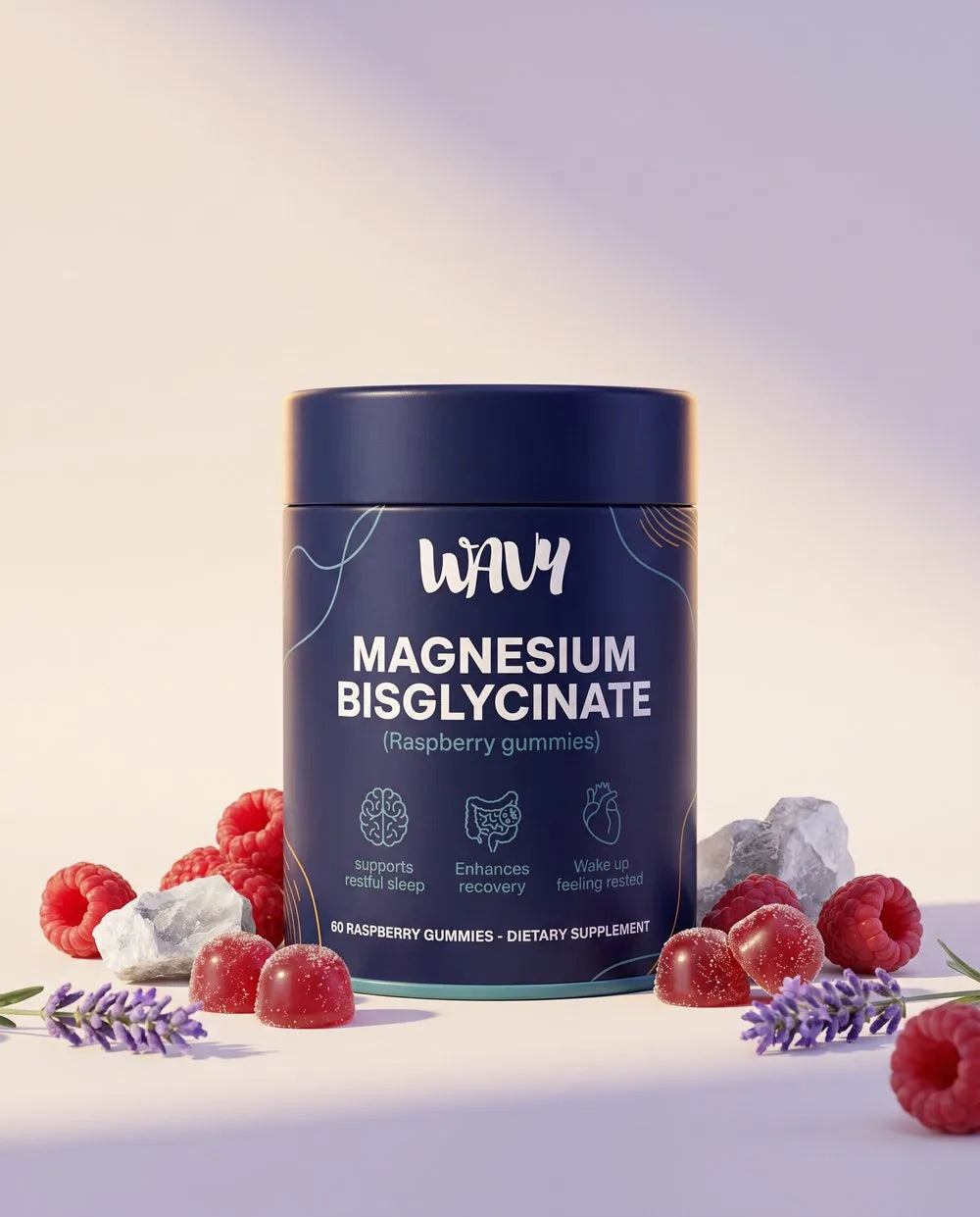 WAVY Magnesium Bisglycinate raspberry gummies tin with raspberries and lavender