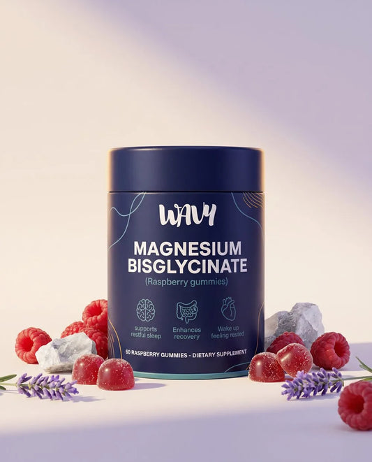 WAVY Magnesium Bisglycinate raspberry gummies tin with raspberries and lavender