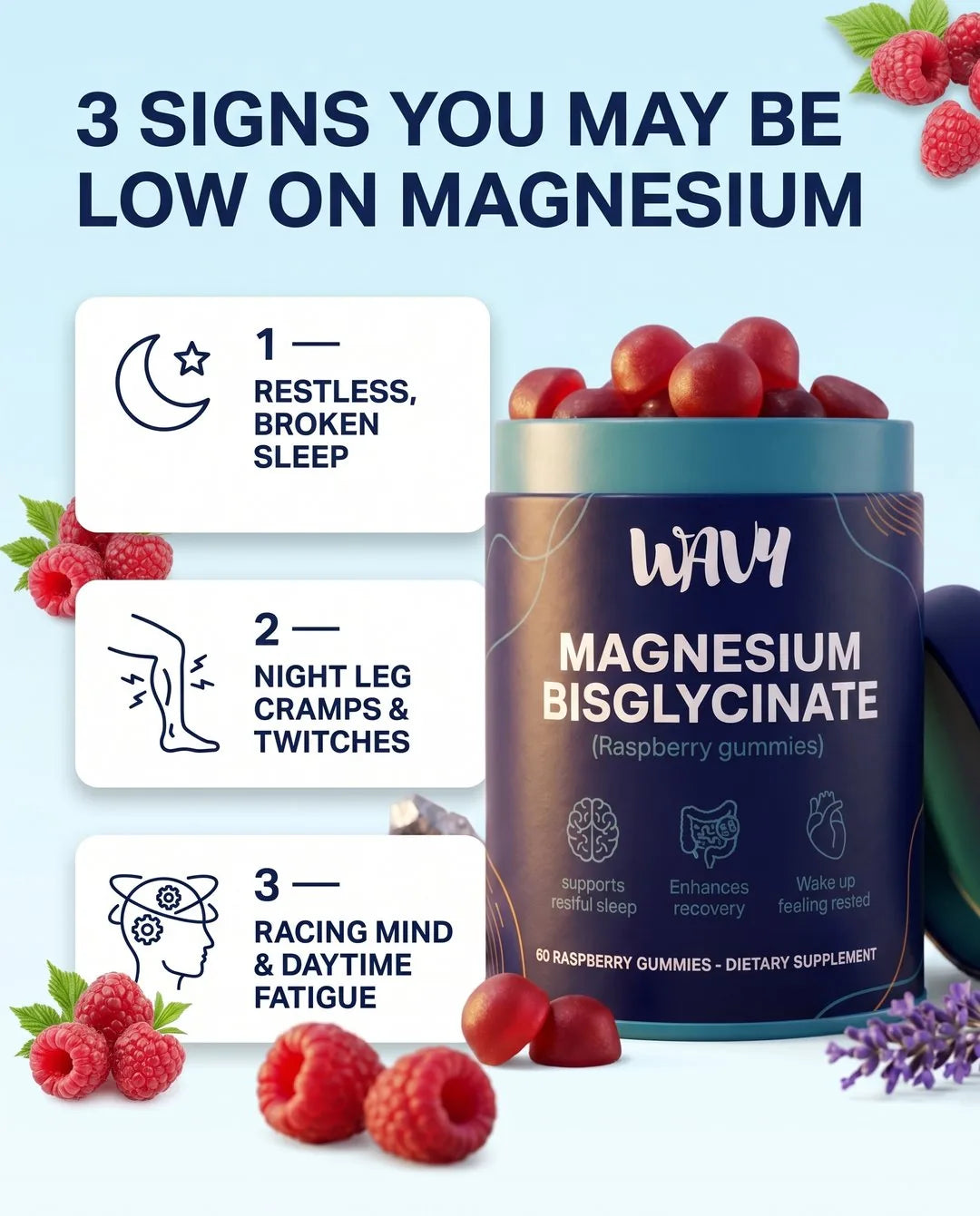 3 signs you may be low on magnesium: restless broken sleep, night leg cramps and twitches, racing mind and daytime fatigue