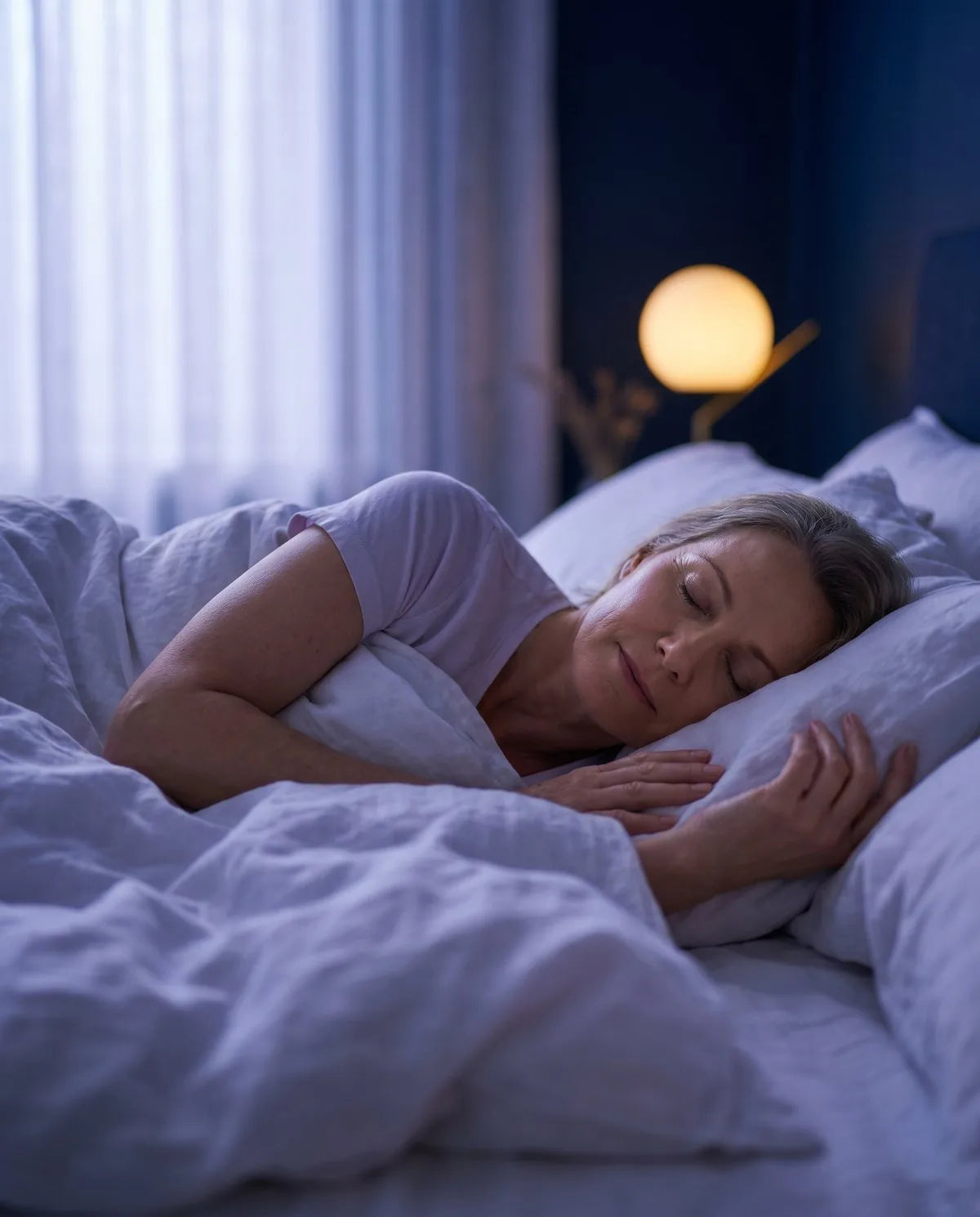 A woman sleeping peacefully and deeply through the night