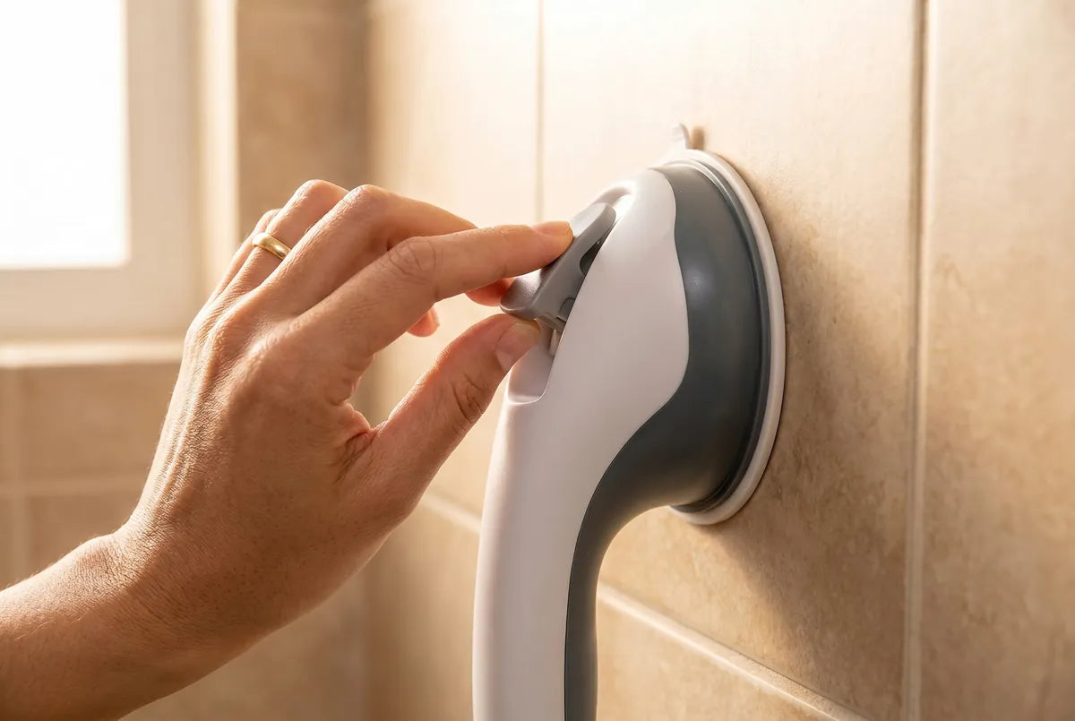 A hand pressing the no-drill grab bar onto tile in seconds