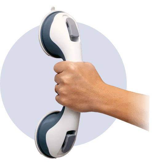 The modern no-drill grab bar gripping smooth tile with two locking suction latches