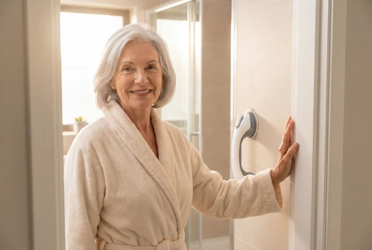 Two smiling older women holding a no-drill grab bar